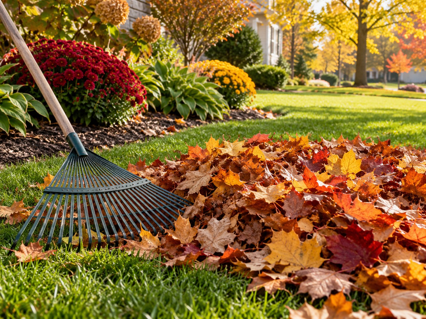 Illustrative photo of autumn leaves and a rake beside a lawn