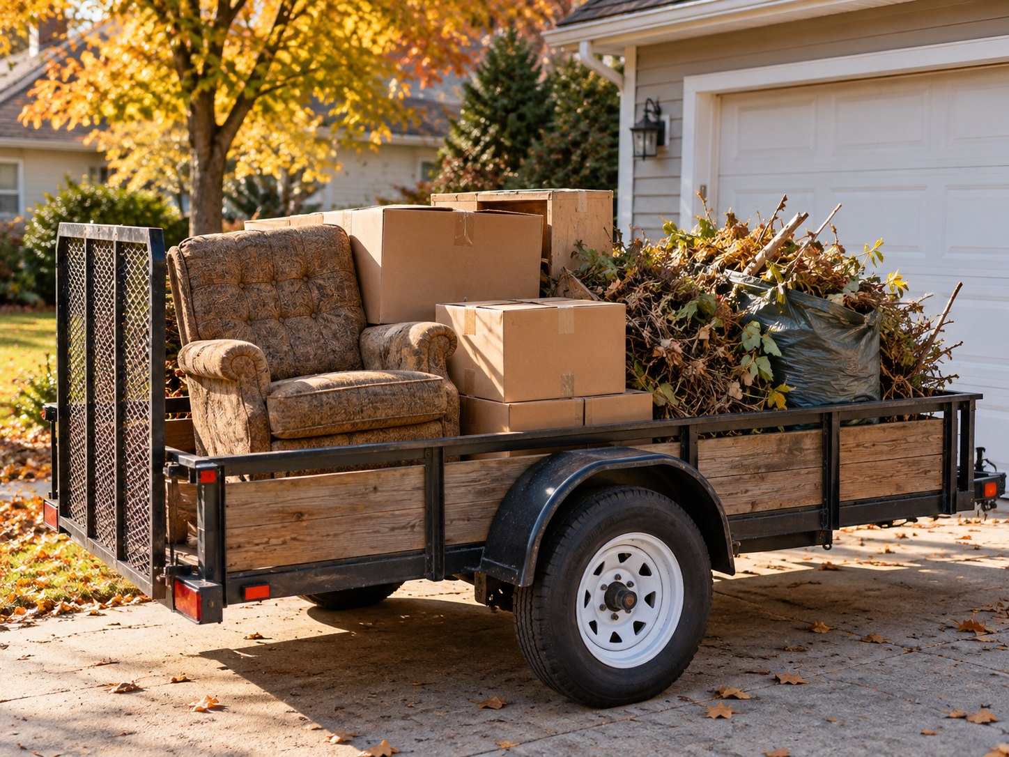 Illustrative photo of unwanted items organized on a utility trailer
