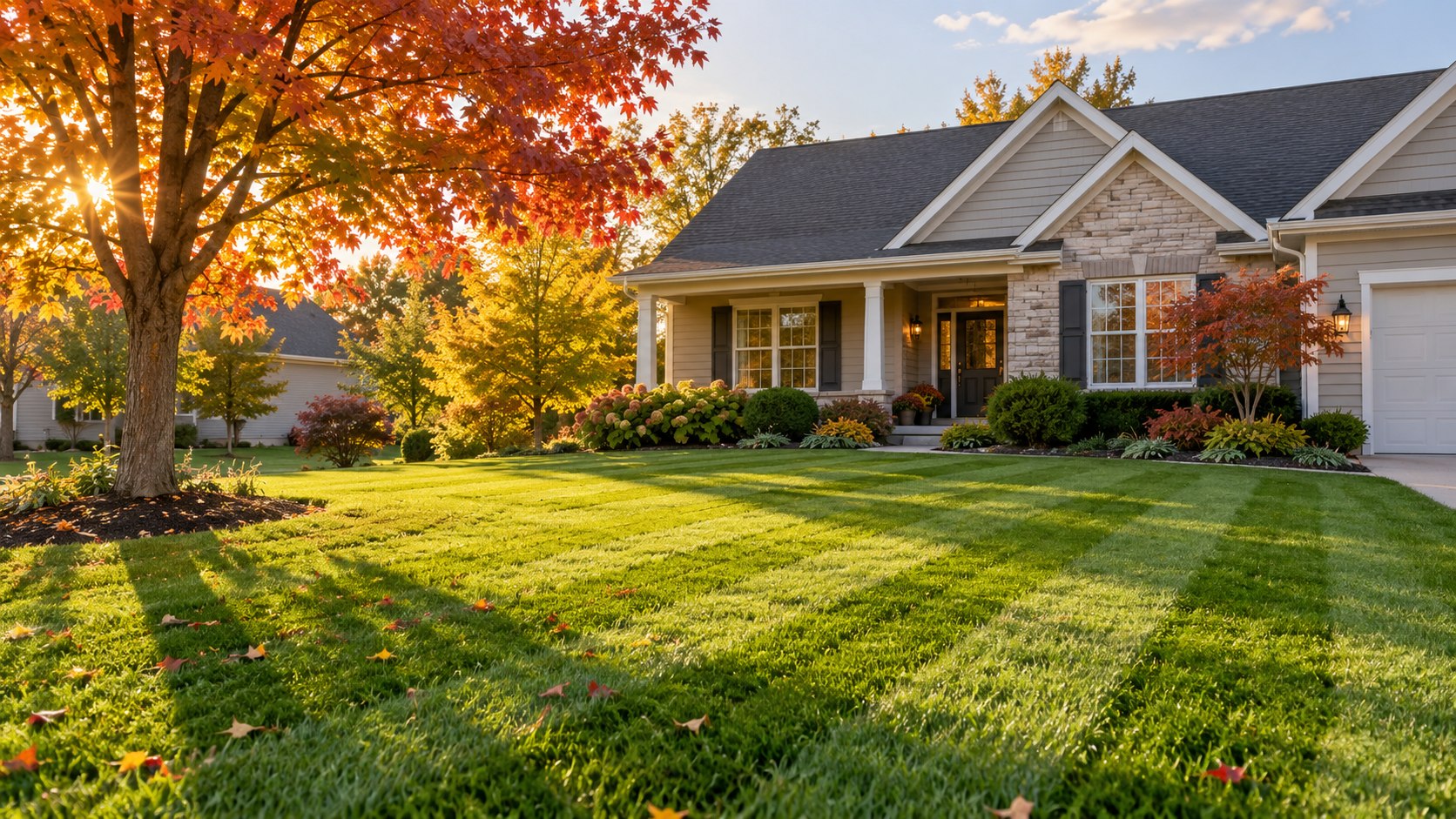 Illustrative photo of a green lawn and a suburban home in autumn